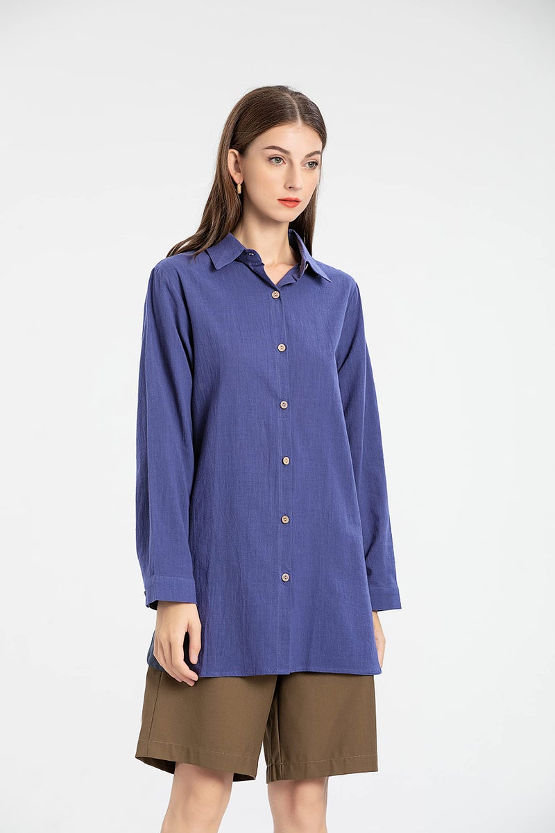 Minibee Women's Cotton Shirts Tunics Hi Low Tops Boyfriend Button Down Blouse Navy XL - Image 3